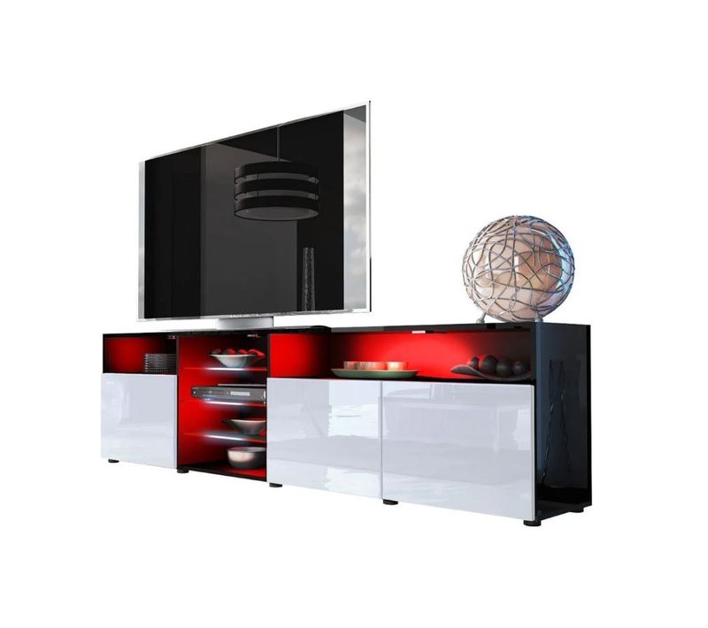 Meuble TV Massimo 200 Cm Noir Mat Et Portes Blanc Laquées LED Rgb