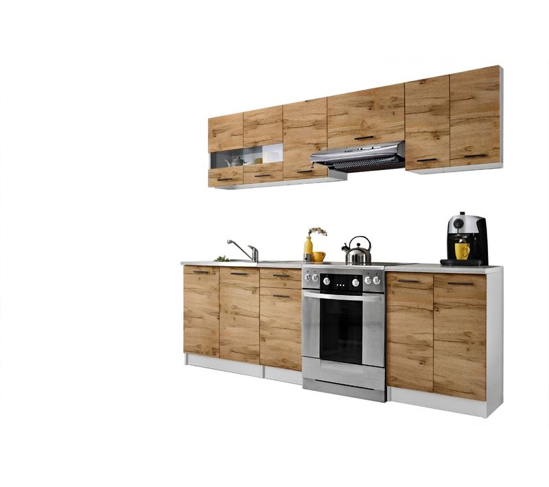 Cuisine Bigo 7 Éléments - Finition Bas Bois Haut Bois 240 Cm