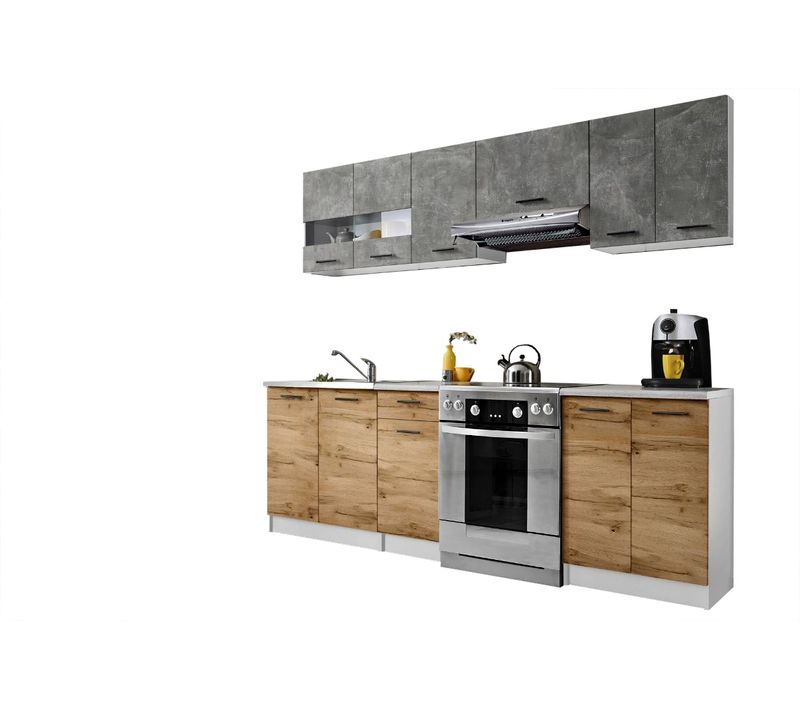 Cuisine Bigo 7 Éléments - Finition Bas Bois Haut Beton 240 Cm