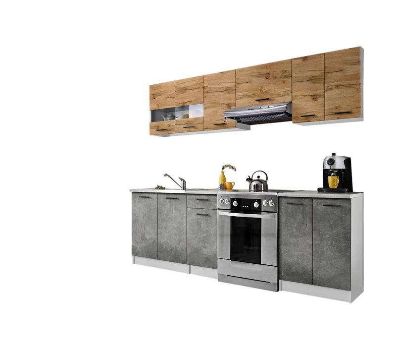 Cuisine Bigo 7 Éléments - Finition Bas Beton Haut Bois 240 Cm