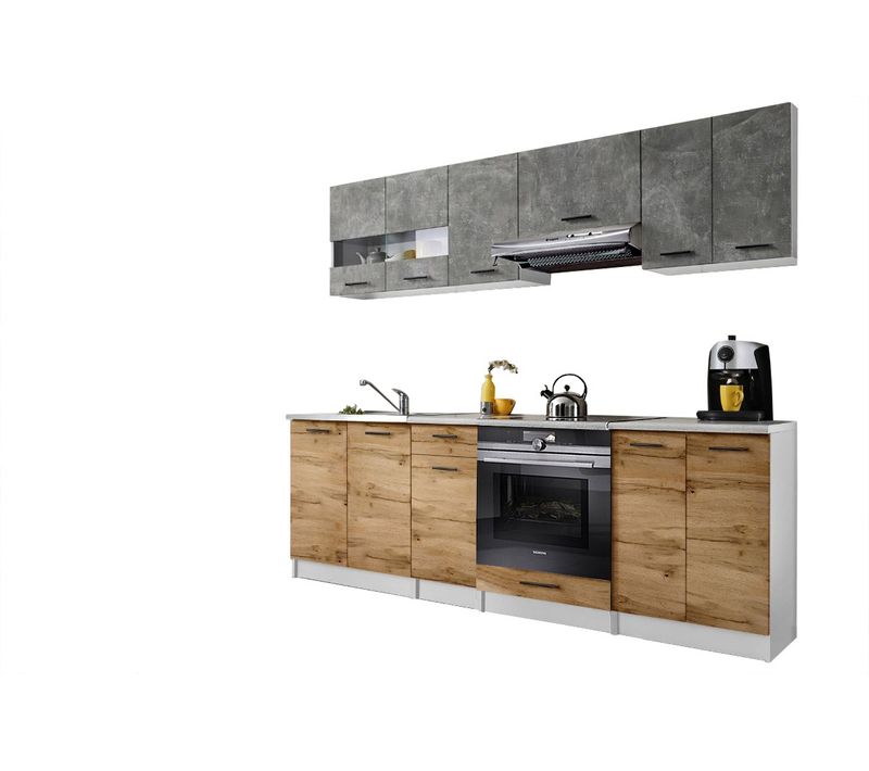 Cuisine Bigo 8 Éléments - Finition Bas Bois Haut Beton 240 Cm