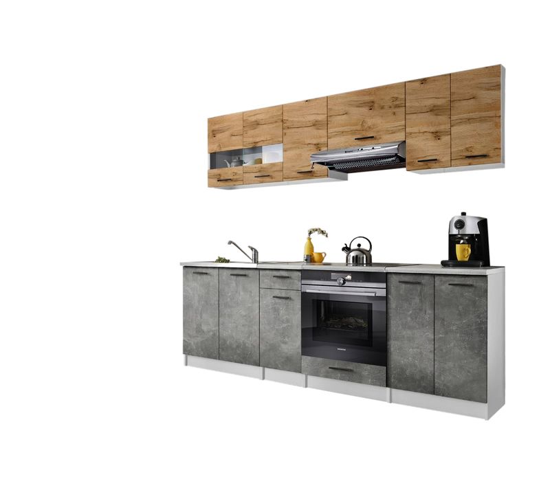 Cuisine Bigo 8 Éléments - Finition Bas Beton Haut Bois 240 Cm