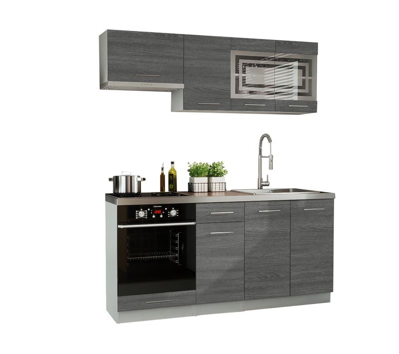 Cuisine Giovanna 6 Éléments - Bois Grisé 1m80 Portes Vitrées Four Encastrable