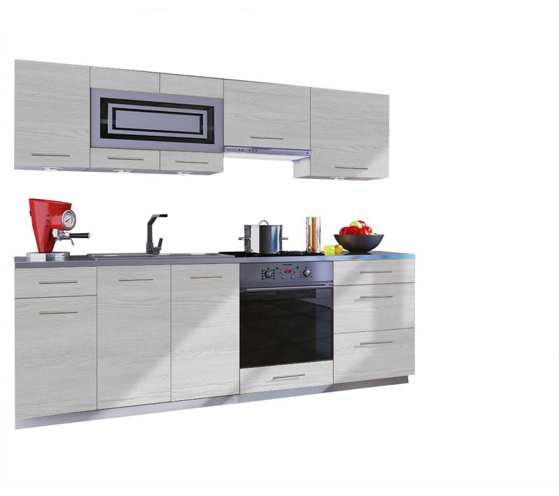 Cuisine Giovanna 8 Éléments - Bois Blanchi 2m40 Casserolier Four Encastrable