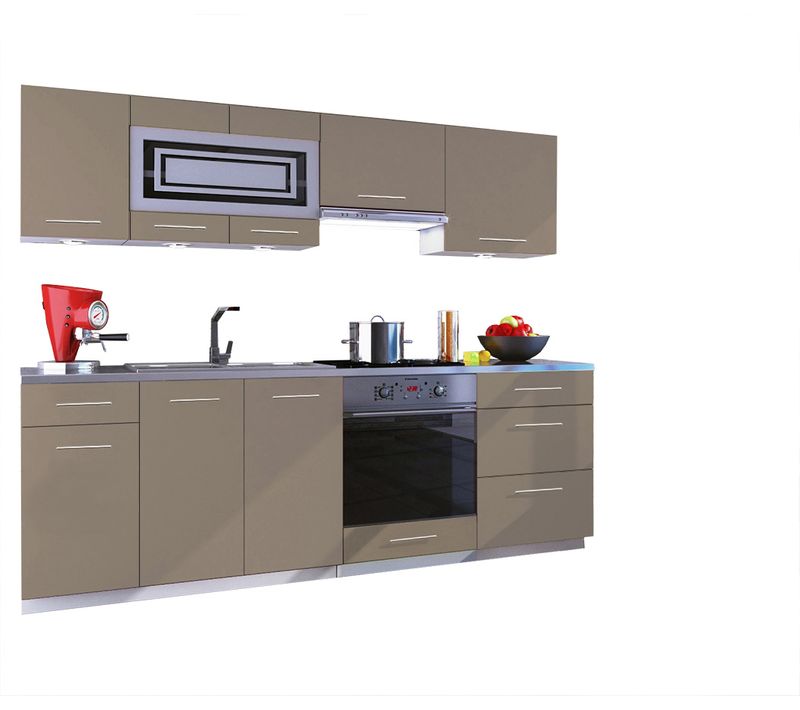 Cuisine Giovanna 8 Éléments - Taupe Mat 2m40 Casserolier Four Encastrable