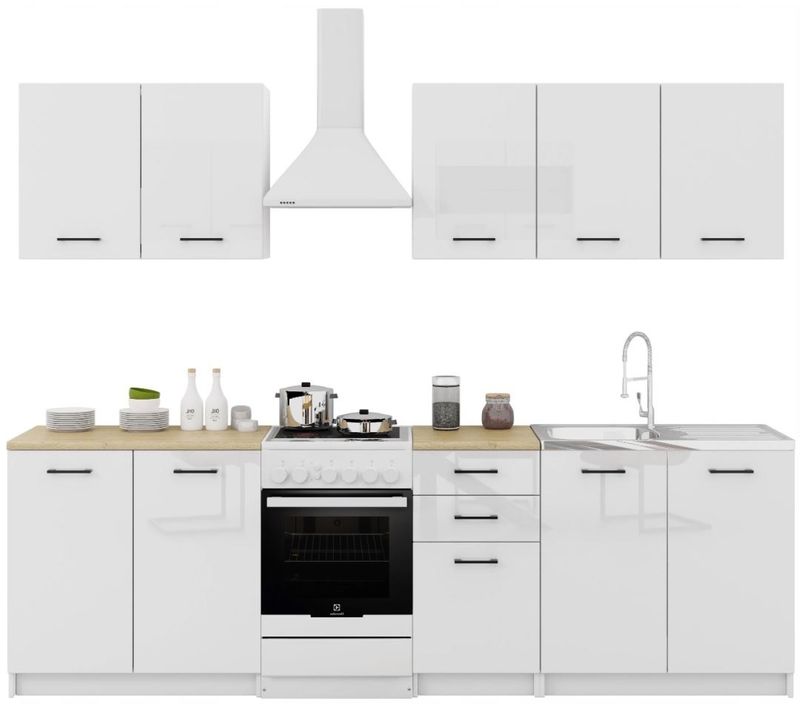 Cuisine Sanclar 6 éléments - Blanc Blanc Laqué Avec Poignés Noir En 2 Metres