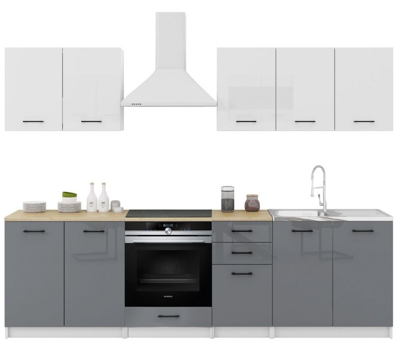 Cuisine Sanclar 7 Éléments - Haut Blanc Bas Gris Laqué - 2m60 Four Encastrable