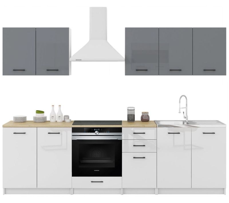 Cuisine Sanclar 7 Éléments - Haut Gris Bas Blanc Laqué - 2m60 Four Encastrable