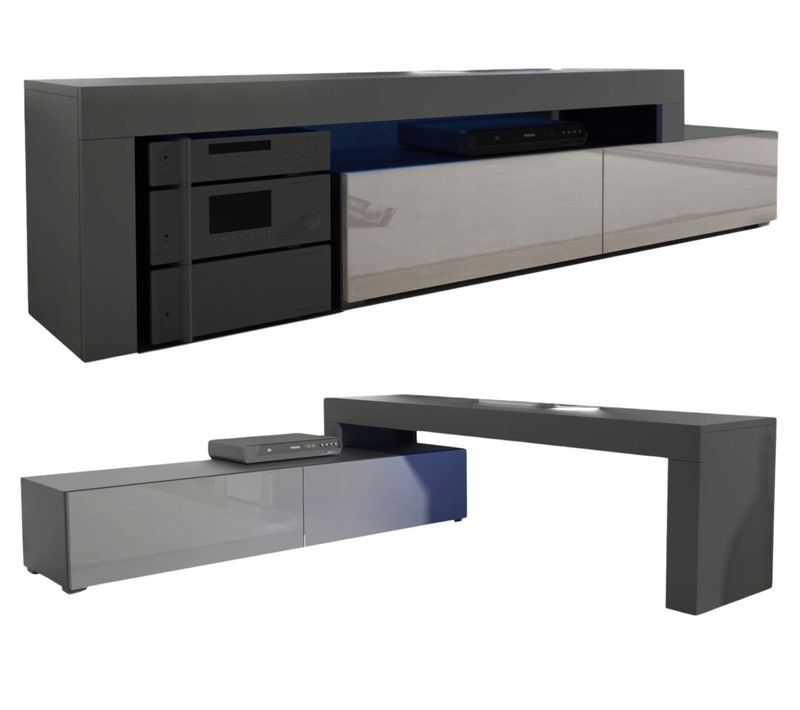 Meuble TV Flex 148 - 280 Cm LED Noir Mat Gris Laque Modulable / Extensible / Angle