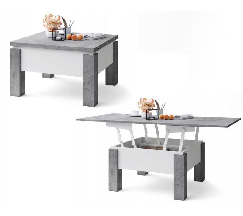 Table Basse Goose Relevable Et Extensible De 80 Cm à 160 Cm En Beton Et Blanc