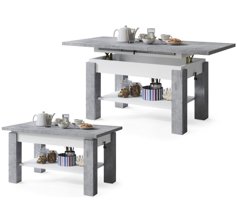 Table Basse Sierra Relevable Et Extensible De 100 Cm à 150 Cm En Blanc Beton