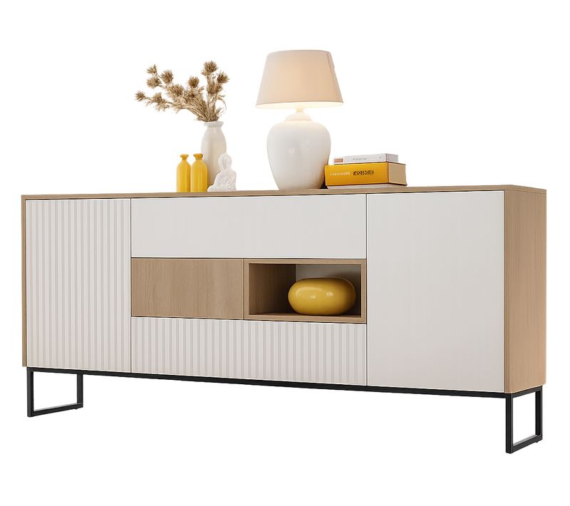 Grand Buffet Scandinave Noe 197 Cm - Sans Poignées - Bois Et Pieds Noir Metal