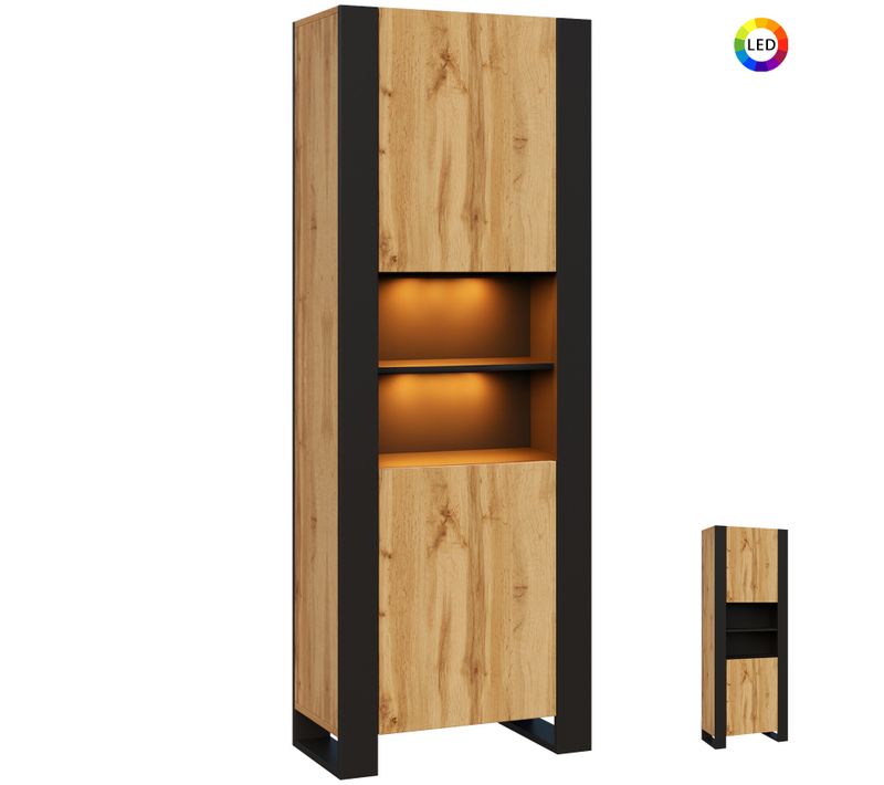 Armoire Vitrine Lovy En Noir Et Bois Chêne Avec LED Rgb 70 Cm Sans Poignées