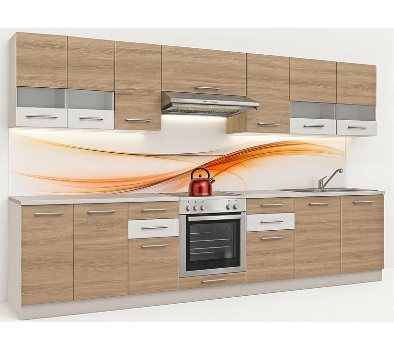 Cuisine Complète Maya Bois Et Blanc Laqué 10 éléments Avec Encastrement Four - 300 Cm