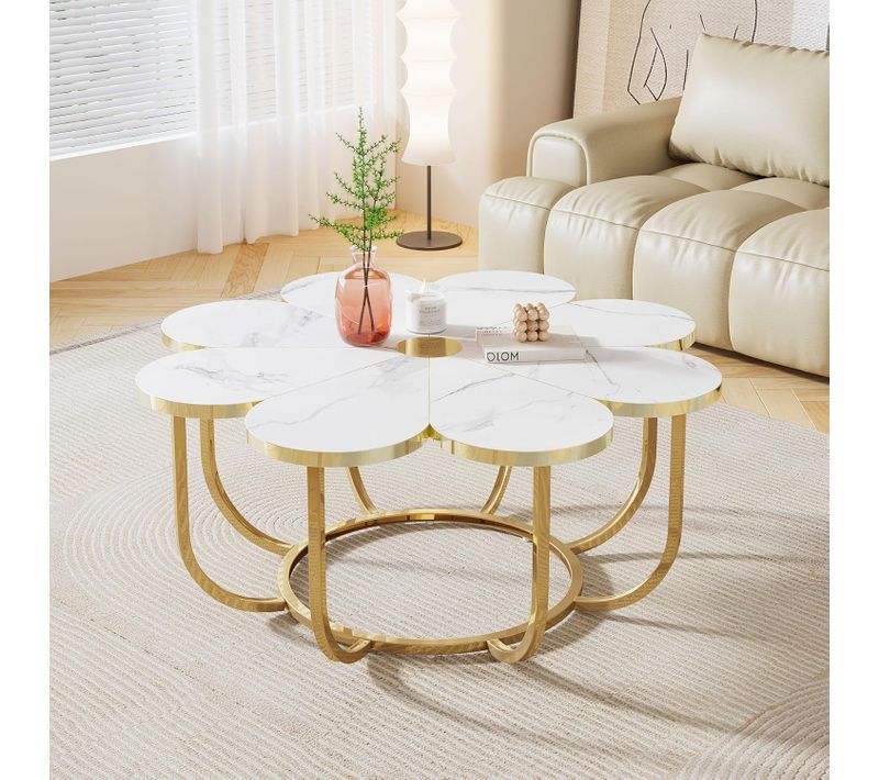 Table Basse Blanc Et Or, 100 Cm Table Basse Moderne En Forme De Fleur Avec Plateau En Faux Marbre