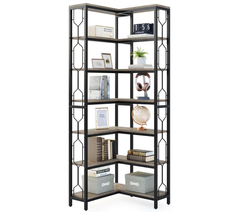 Bibliothèque D'angle, Étagère Industrielle à 7 Niveaux Pour Le Salon(gris)