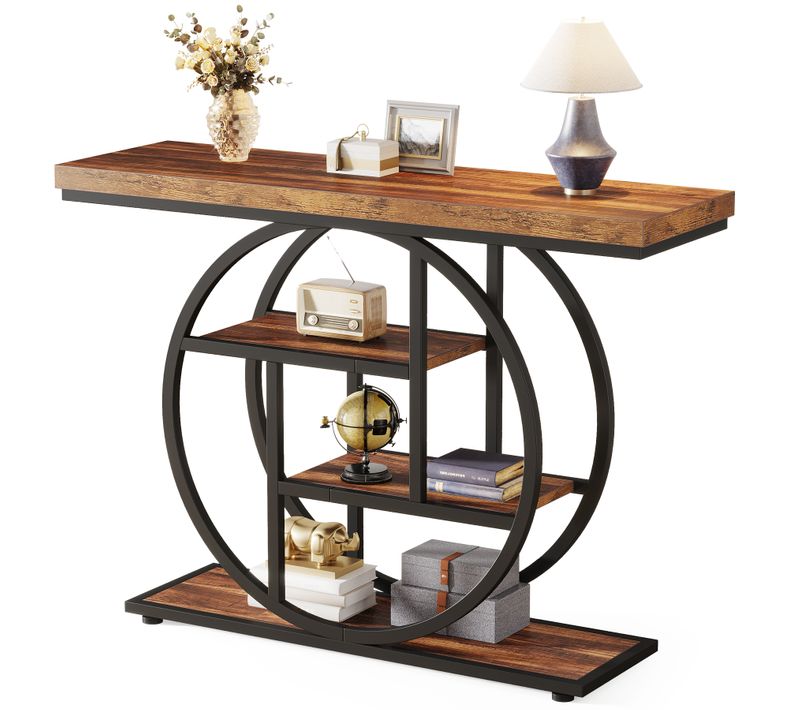Table Console Industrielle à 4 Niveaux Avec Base Circulaire, Pour Salon, Couloir, Foyer