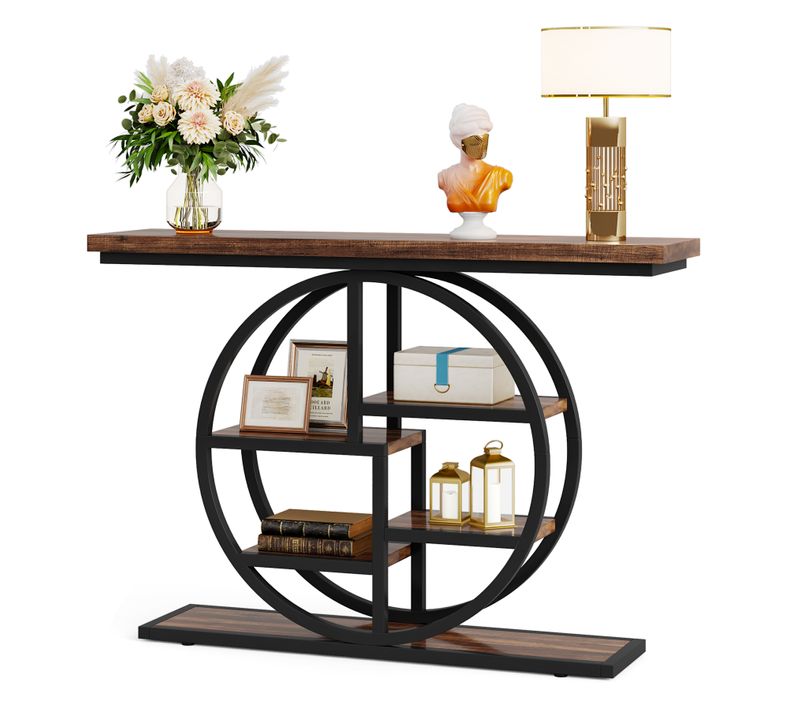 Table Console Industrielle à 6 Niveaux Avec Base Circulaire Pour Salon, Couloir, Foyer