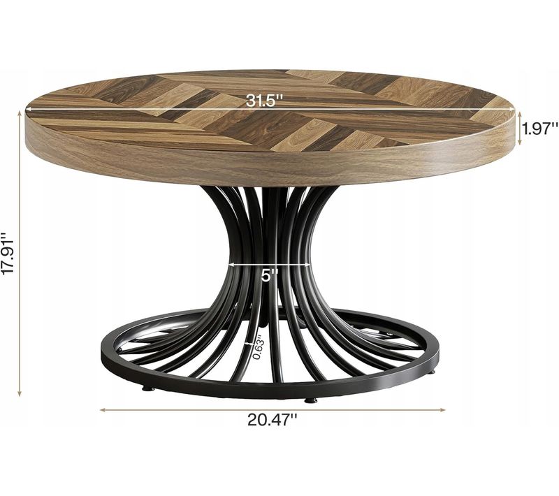 Table Basse Ronde En Bois, Table Basse Circulaire De 80 Cm Avec Piédestal En Métal