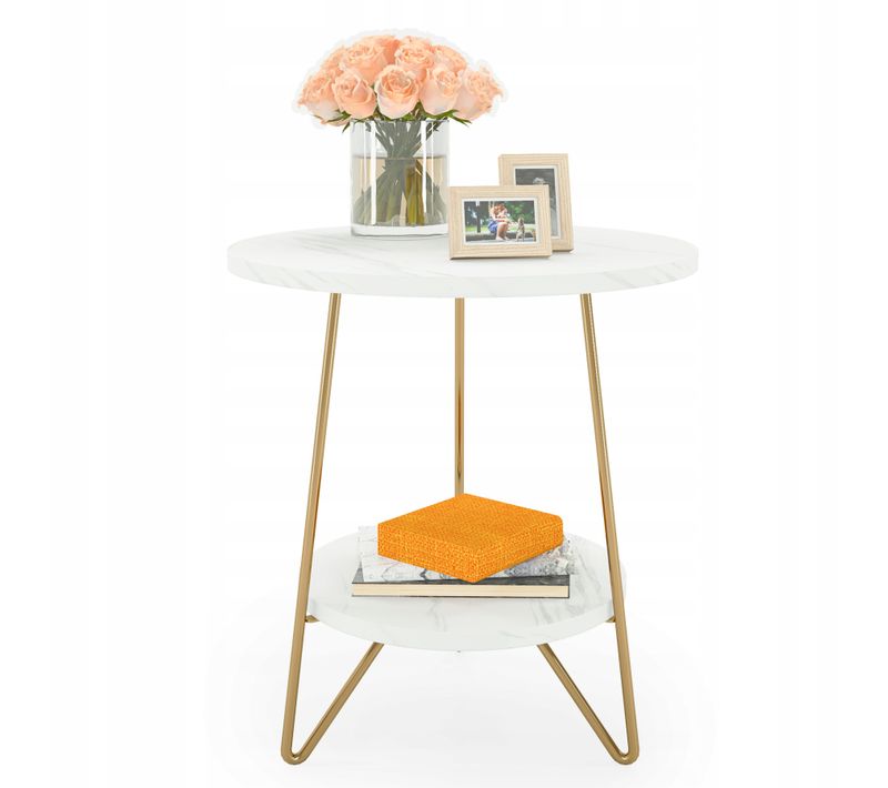 Table D'appoint à 2 Étages, Petite Table Basse Pour Salon, Chambre à Coucher, Blanc Et Doré, Mdf