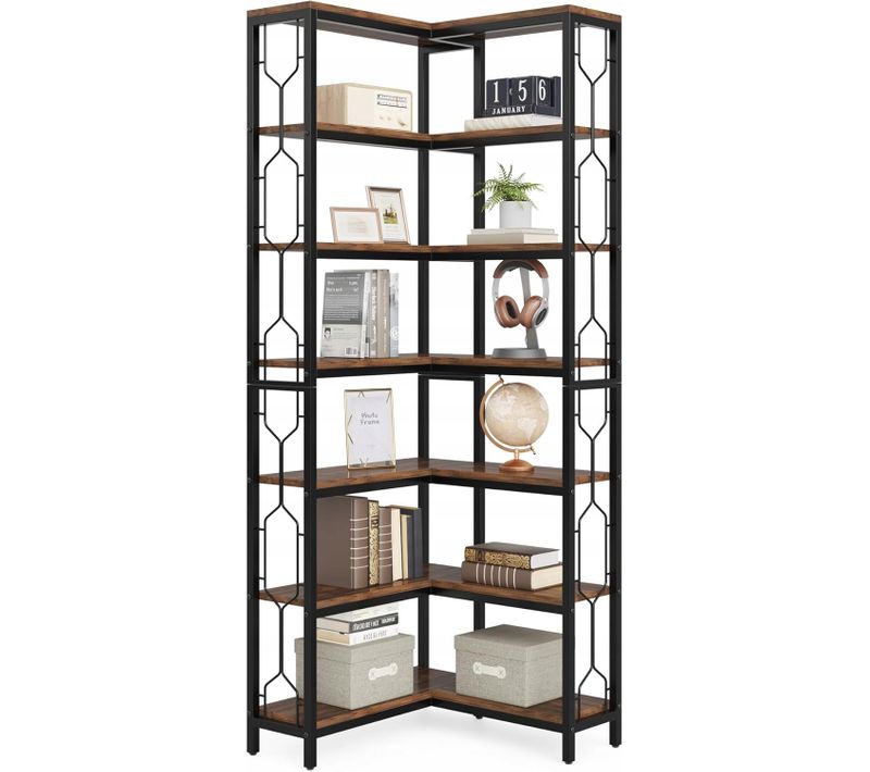 Bibliothèque D'angle, Étagère Industrielle à 7 Niveaux, Étagères D'angle En Bois Et Métal
