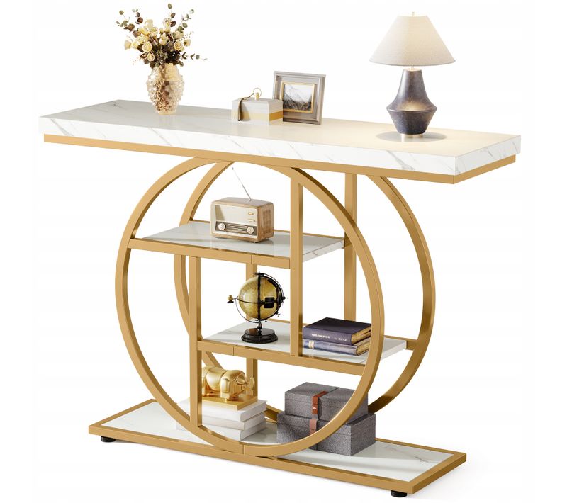 Console De Style Industriel De 105 Cm, à 4 Niveaux Avec Base Circulaire (blanc/doré)