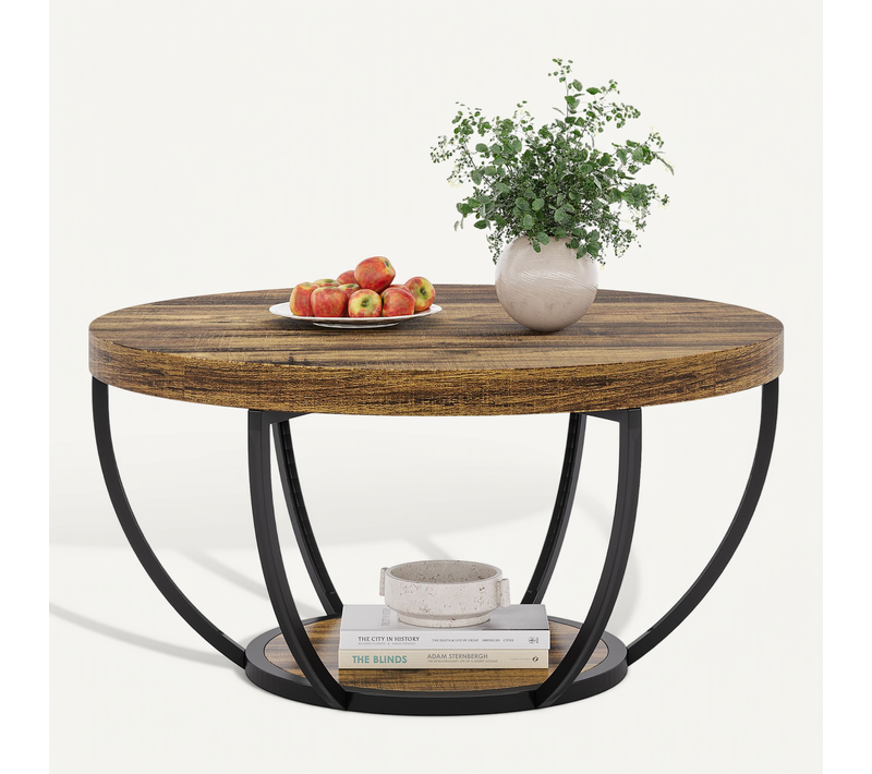 Table Basse Ronde Industrielle à 2 Niveaux Pour Salon, Bureau à Domicile, Marron Rustique