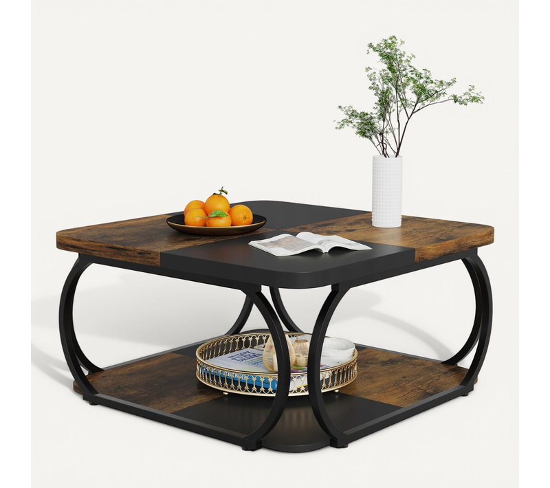 Table Basse Carrée Pour Salon, Table Basse En Bois, Marron Rustique Et Noir