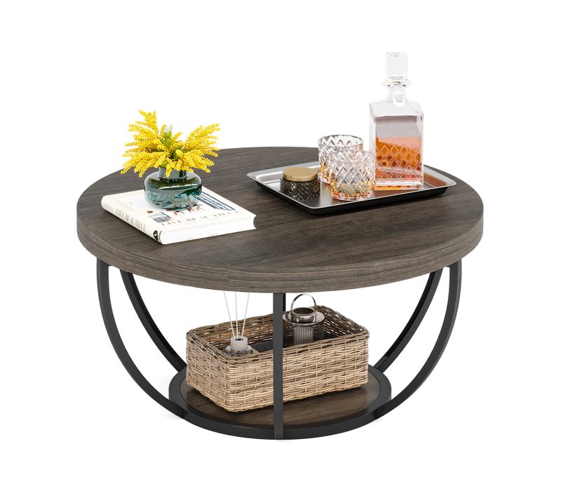 Table Basse Ronde, Table Basse à 2 Niveaux Avec Étagères De Rangement, Table D'appoint Pour Salon