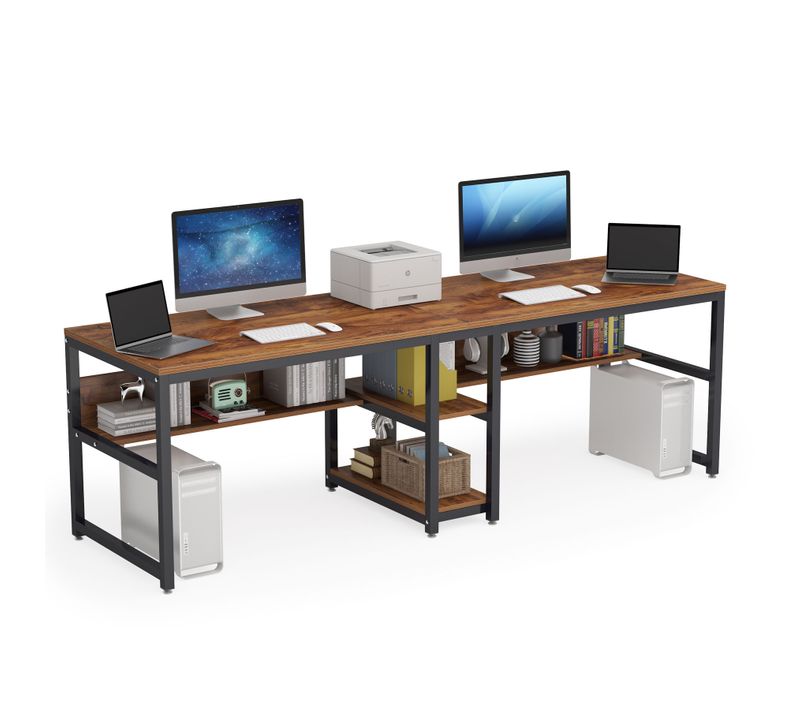 200 Cm Bureau D'ordinateur Double Pour Deux Personnes, Bureau D'écriture Rustique Avec Étagère