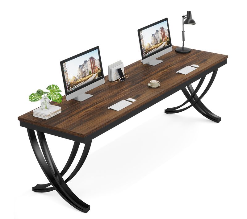 Bureau Informatique, Table D'ordinateur Portable, Double Bureau Long 200 X 70 Cm, Marron Rustique