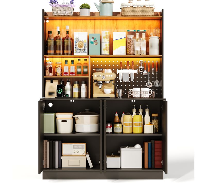 Buffet De Cuisine 120x160 Cm Avec LED Et Prises Panneau Perforé 4 Portes En Mdf Foncé Texturé