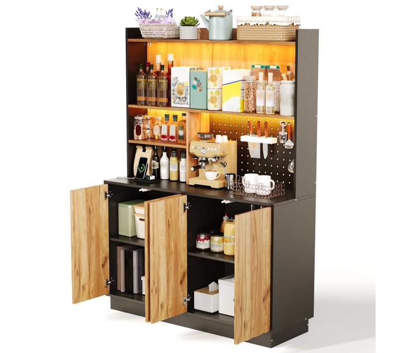 Buffet De Cuisine 120x160 Cm Avec LED Et Prises Armoire 4 Portes En Mdf Foncé