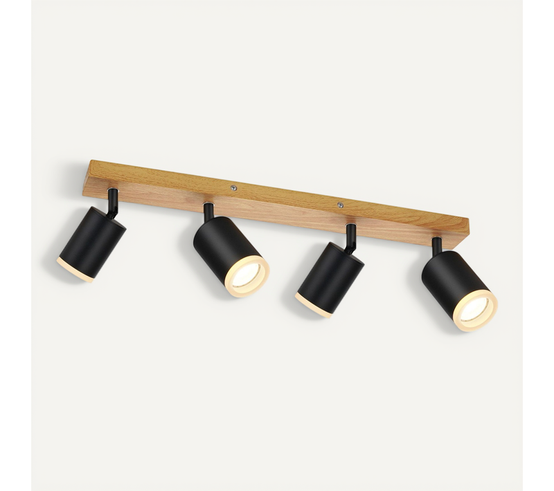 Plafonnier Spot De Plafond 4 Flammes Plafonnier Bois Gu10 355° Orientable Noir Vintage Industriel