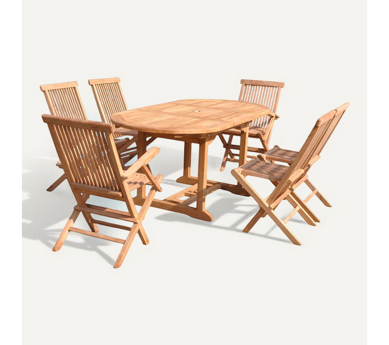 Kajang - Salon De Jardin Extensible Avec Table Ovale 6 Places En Teck