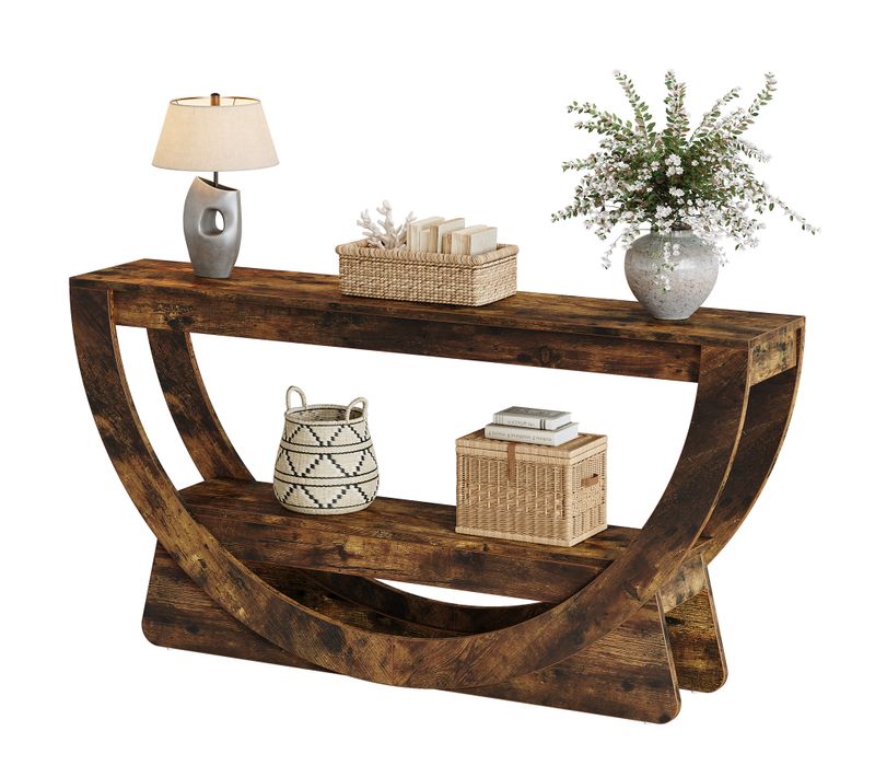 Table Console 160 Cm, Industrielle Table D'entrée à Deux Fermier Avec Étagères De Rangement