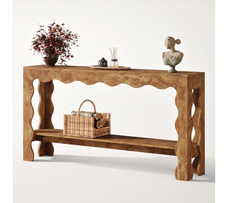 Table Console De 160 Cm, Table D'entrée Étroite à 2 Niveaux Avec Pieds Festonnés