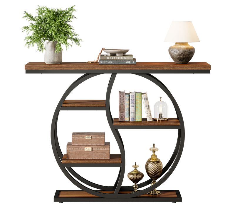 Table Console Industrielle à 4 Étages, 120 X 30 Cm, Avec Base Circulaire