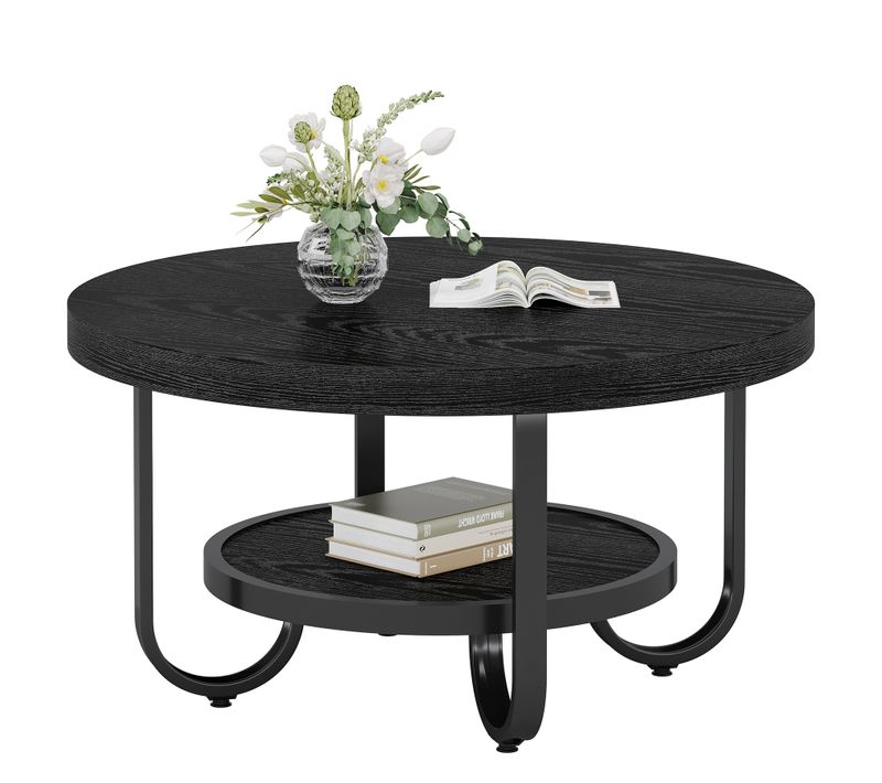 Table Basse Ronde à 2 Niveaux Avec Étagère De Rangement Pour Salon, Noire