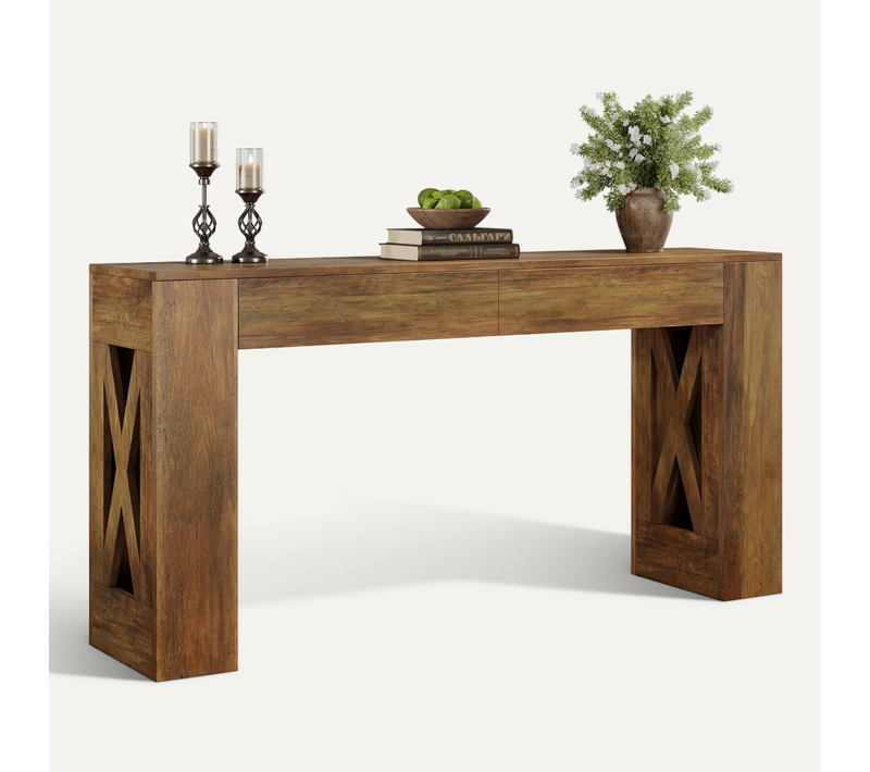 Console De 160 Cm De Long, Table D'entrée De Style Campagnard Avec 2 Tiroirs Et Pieds En Forme De X