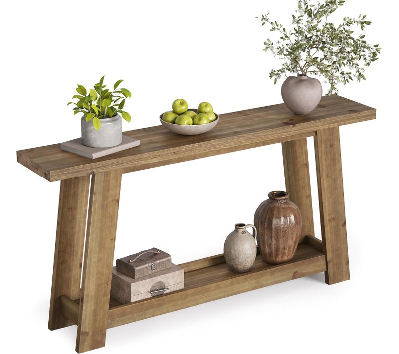 Console En Bois Massif De 160 Cm, Style Campagnard, Avec Étagère à 2 Niveaux