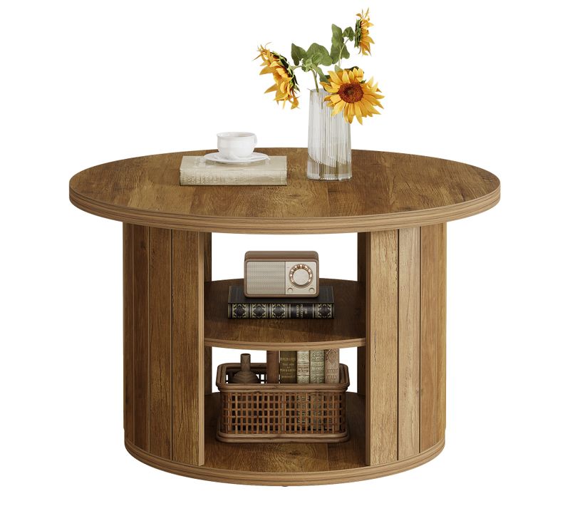 Table Basse Ronde Avec Rangement, Petite Table Ronde De 80 Cm Pour Salon, Marron Rustique