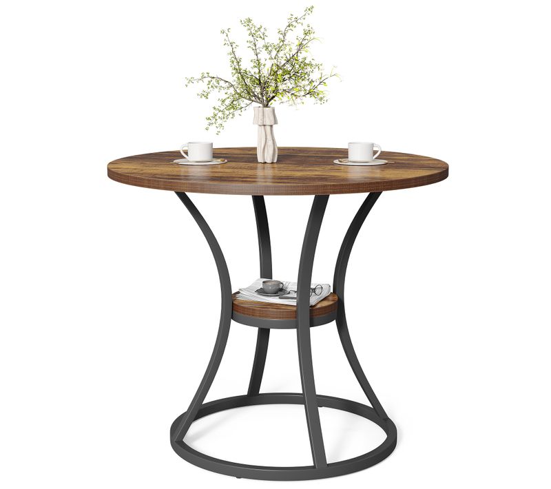 Table De Salle à Manger Ronde Pour 4 Personnes, Table Ronde Avec Étagère De Rangement, 2 Niveaux