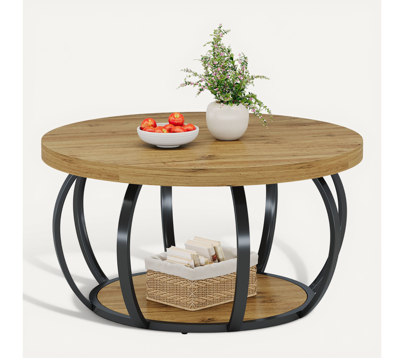 Table Basse Ronde, Table Basse Industrielle à 2 Niveaux Avec Étagères De Rangement