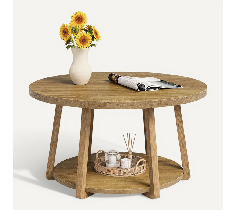 Table Basse Ronde à Deux Niveaux Avec Rangement, Pieds En Bois, 80 Cm X 50 Cm, Montage Facile