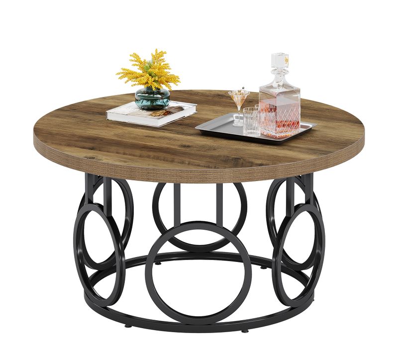 Table Basse Ronde De 80 Cm, Table Basse Circulaire Avec Base En Métal, Meuble D'appoint Industriel