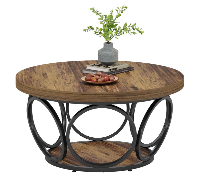 Table Basse Ronde, 80 Cm, Grande Table De Salon Ronde De Style Ferme Avec Rangement à 2 Niveaux