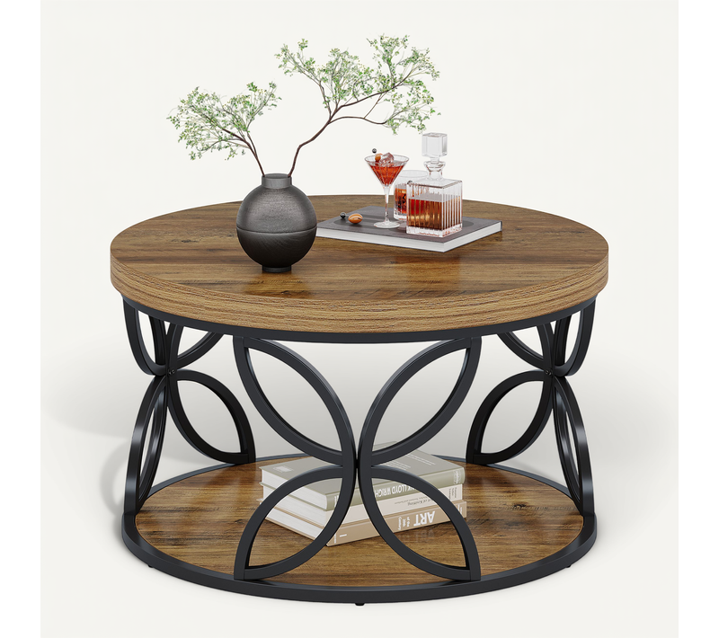Table Basse Ronde Avec Rangement, Table Centrale Circulaire à 2 Niveaux, Marron Rustique, 80 Cm