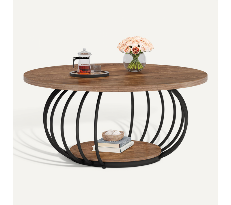 Table Basse Ronde De Salon, Table Basse Industrielle En Bois à 2 Niveaux, 100 Cm