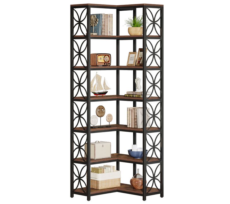 Bibliothèque D'angle En L à 7 Niveaux, 200cm, Avec Structure Métallique Et Étagère Autoportante.